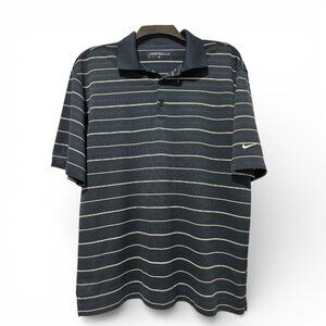 Nike Polo Shirt Mens Medium Navy Blue Striped Swoosh Dri Fit Golf Short Sleeve